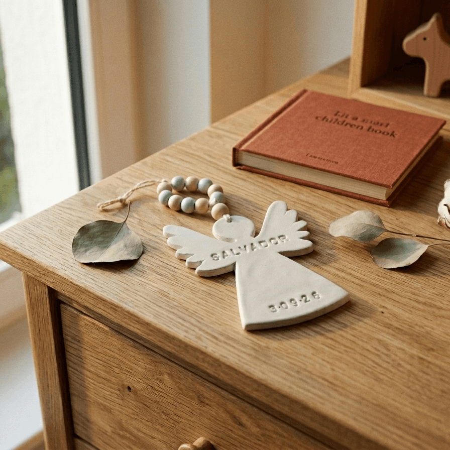 Anjo de cerâmica artesanal creme, com nome Salvador e data em relevo com chip NFC