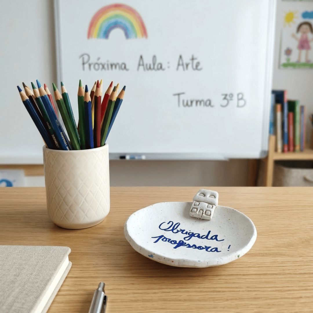 Prato decorativo artesanal em cerâmica branca moldado à mão, com a inscrição "Obrigada professora!" e detalhe de uma pequena casa na borda. Peça inspirada em Quíron, o mestre mitológico, ideal para presente de fim de ano letivo. Inclui tecnologia NFC integrada para guardar mensagens ou memórias digitais dos alunos.