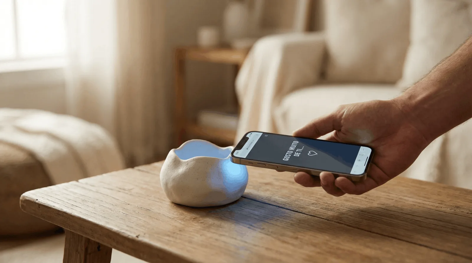 Peça viva peça de artesanato com chip em cima de uma mesa com telemóvel a criar contacto NFC encostanado à peça